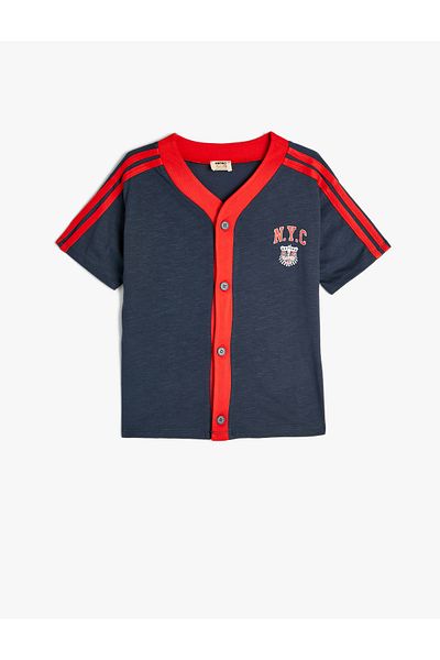 Koton V-Neck Printed Sports T-Shirt - Short Sleeve and Button Closure
