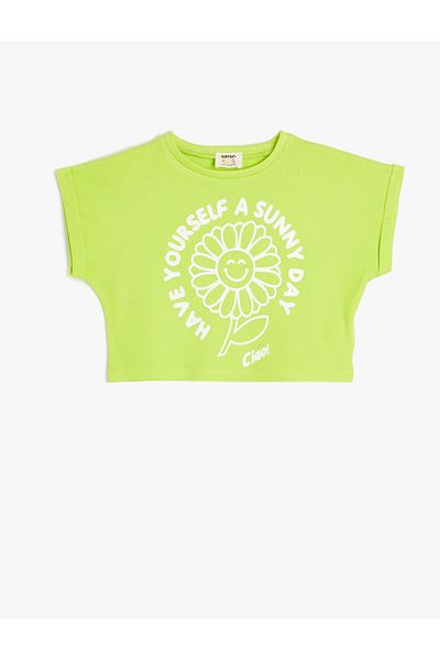 Koton Crop-T-Shirt mit kurzen Ärmeln und Rundhalsausschnitt aus Baumwolle mit Blumenmuster