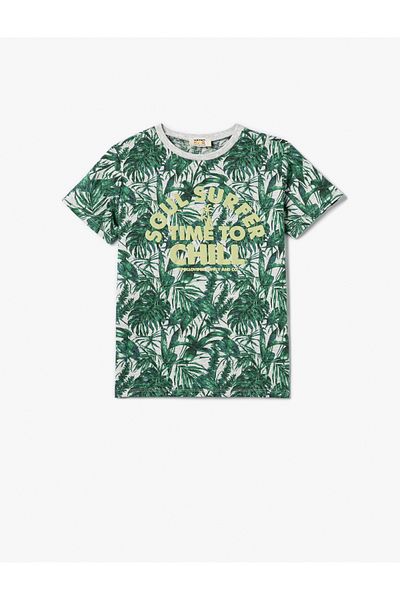 Koton T-Shirt Short Sleeve Crew Neck Leaf Printed Cotton
