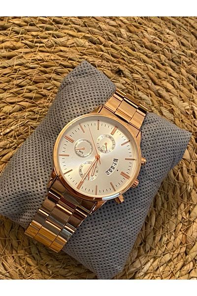 Brality Waterproof- Steel Cord Men's Wristwatch- Silver Gold Color- Dotted Dial Black- with Calendar 6003