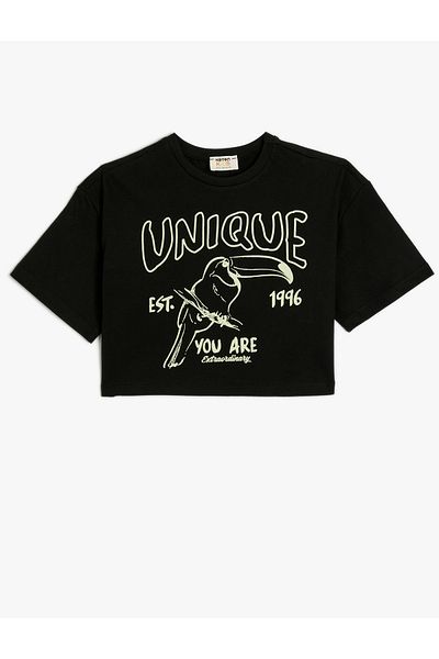 Koton Tricou crop cu mânecă scurtă imprimat bumbac cu decolteu