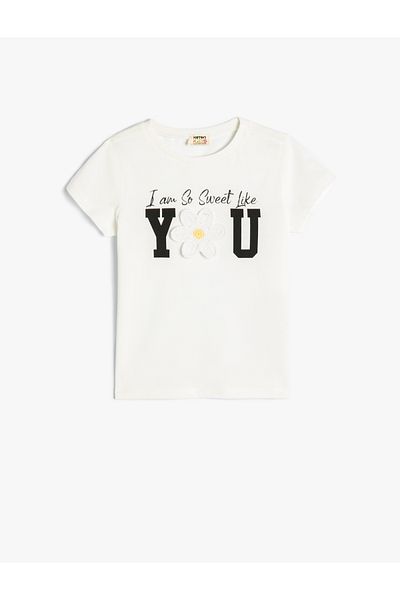 Koton Κέντημα T-Shirt με λαιμόκοψη με κέντημα με σύνθημα κοντό μανίκι