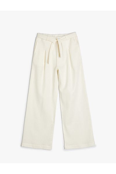 Koton Linen Belted Trousers - Wide Leg with Pockets and Elastic Waist