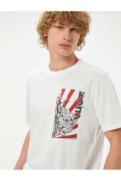 Koton Βαμβακερό μπλουζάκι με στάμπα Far East - Crew Neck, κοντό μανίκι