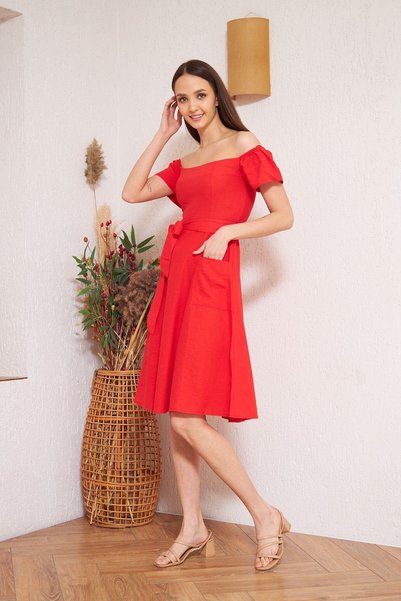 Darlin Moda Women's Red Off-Shoulder Dress Dm1008