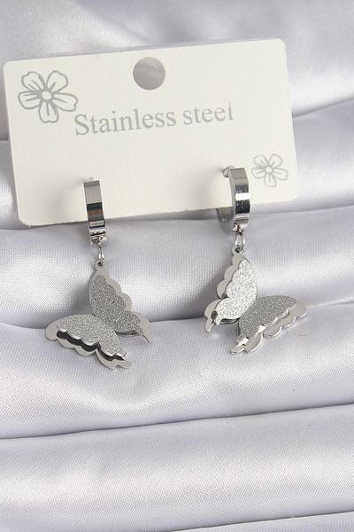 Skygo 316L Steel Silver Color Glittered Butterfly Model Women's Earrings - Tj-Bkp9579