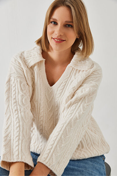 Bianco Lucci Women's V-Neck Hair Knit Patterned Knitwear Sweater 231208 60261037