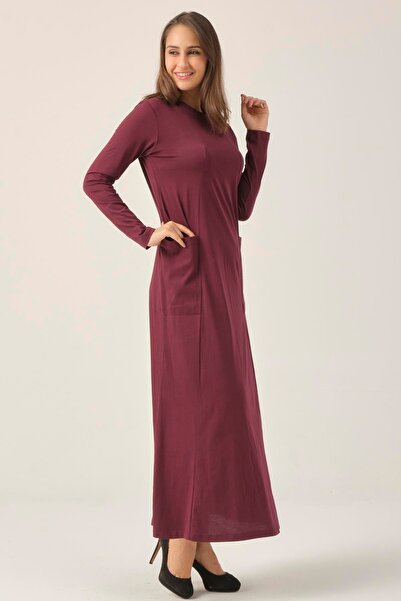 Darlin Moda Kadın Mürdüm Cepli Sıfır Yaka Elbise Dm0321