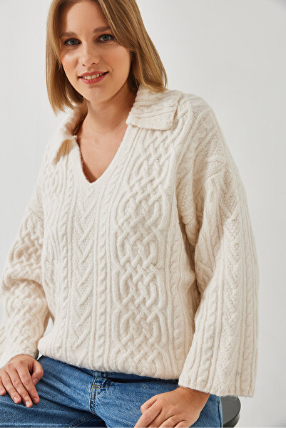 Bianco Lucci Women's V-Neck Hair Knit Patterned Knitwear Sweater 231208 60261037