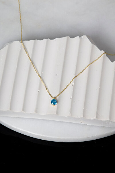 klas gümüş Gümüş Minimal Akuamarin Taşlı Gold Tek Taş Kolye