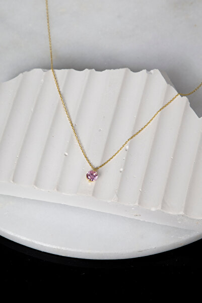 klas gümüş Gümüş Minimal Pembe Taşlı Gold Tek Taş Kolye