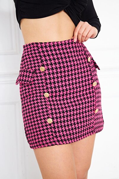 Darlin Moda Women's Pink Goose Feet Patterned Button Detailed Mini Skirt Dm2009