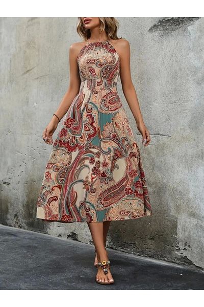 TKLC Women's Sleeveless Halter Neck Elastic Waist Ethnic Pattern Print Single Jersey Long Dress