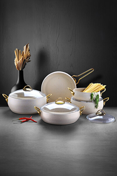 LAVONNI Caldora 9 Parça Granit Güveç Tencere Seti Krem Gold Saplı -20/24/28 D...