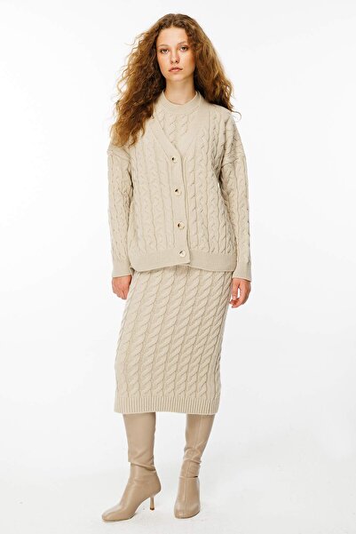 Hooopstore Πλεκτή Πέτρινη Φόρεμα με Πλεξούδα και Μπουφάν