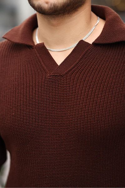 Valiberta Men's Knitwear Sweater - Oversize Shirt Collar, Thessaloniki Knitted, Brown