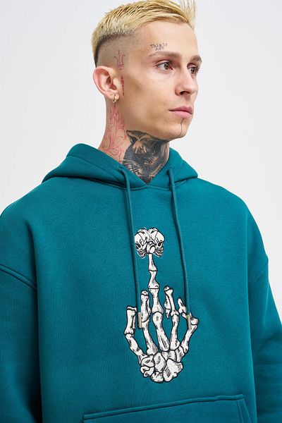 Machinist Hanorac oversize, verde petrol, cu glugă, imprimat cu degetul mijlociu