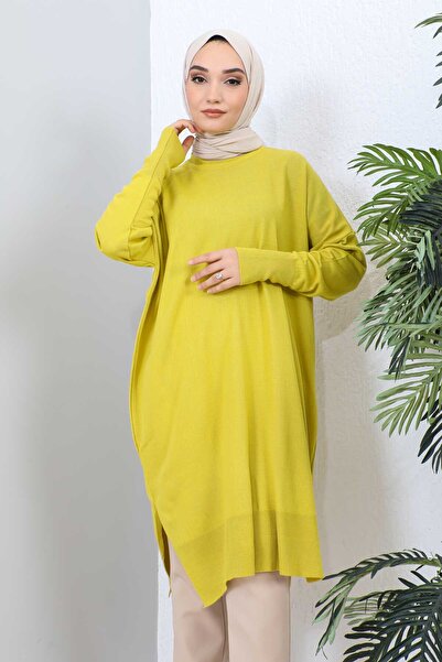 İmajButik Oil Green Crew Neck Mercerized Casual Knitwear Tunic