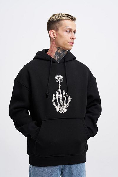 Machinist Men's Middle Finger Printed Hooded Oversize Black Sweatshirt