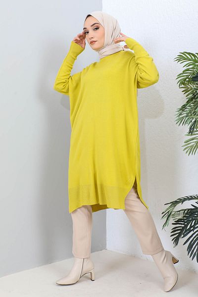 İmajButik Oil Green Crew Neck Mercerized Loose Knitwear Tunic