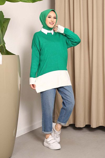 İmajButik Green Crew Neck Double Color Knitwear Tunic