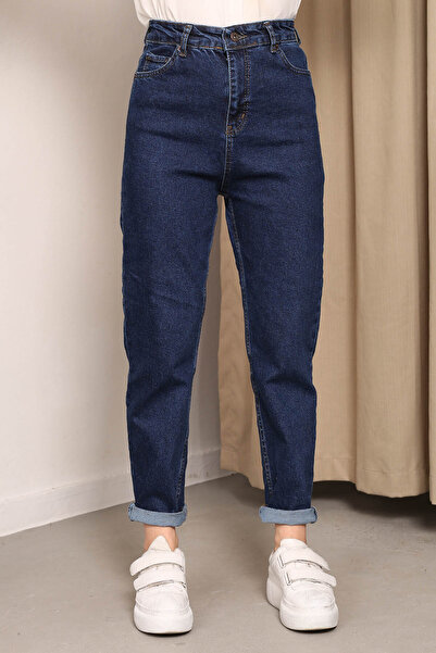İmajButik Navy Blue High Waist Mom Jeans Trousers