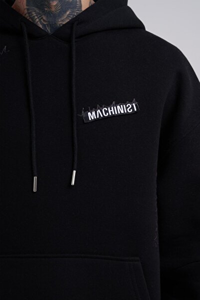 Machinist Мъжка бродерирана черна суитшърт с кенгуру джоб