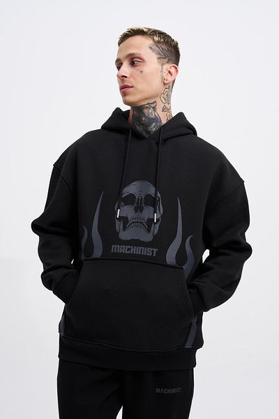 Machinist Men's Fire Printed Oversize Black Sweatshirt