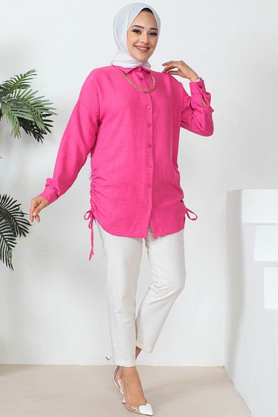 İmajButik Linen Shirt with Fuchsia Side Detail