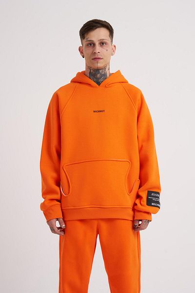 Machinist Men's Machinist Sleeve Detail Embroidered Hooded Orange Sweatshirt