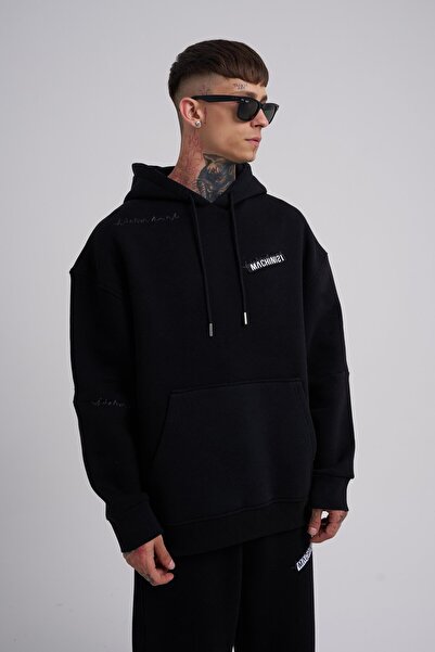 Machinist Мъжка бродерирана черна суитшърт с кенгуру джоб