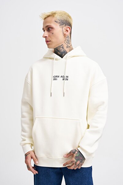 Machinist Чоловічий оверсайз-светр з капюшоном і принтом Born Again, колір екрю