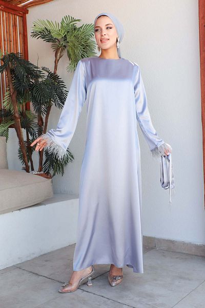 İmajButik Gray Sleeve Feathered Satin Dress