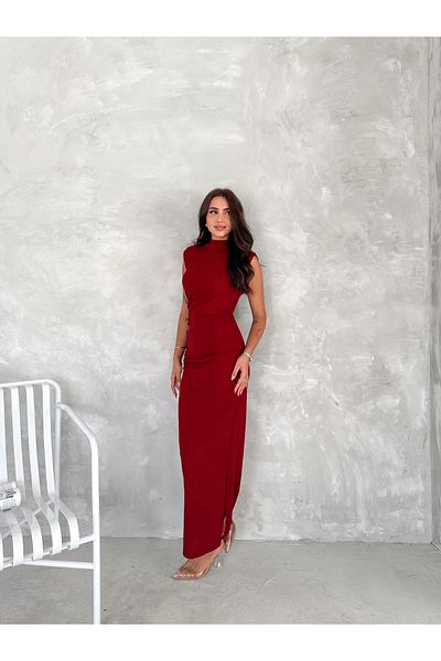 fiolin Red Draped and Glitter Detail Evening Dress