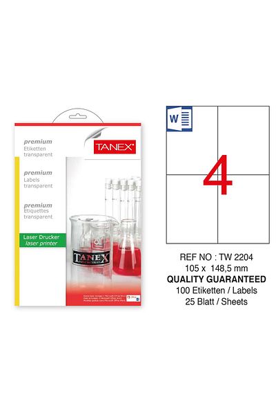 Tanex TW-2204 105x148.5mm Transparent Laser Label 100 Pieces