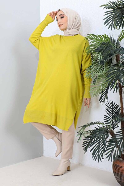 İmajButik Oil Green Crew Neck Mercerized Casual Knitwear Tunic