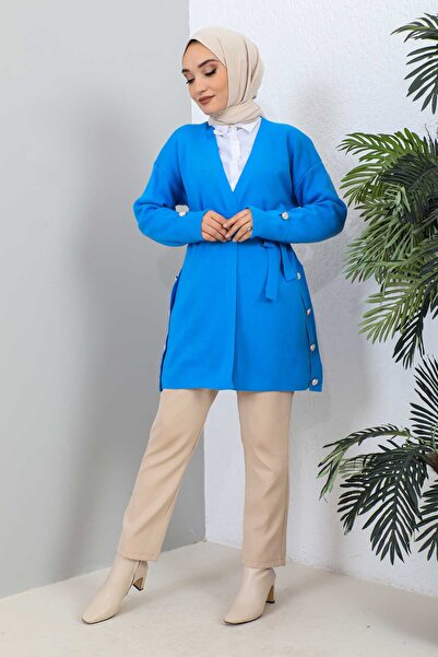 İmajButik Blue Buttoned Knitted Cardigan