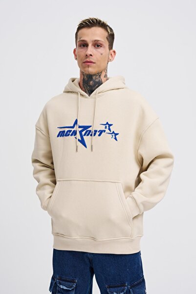 Machinist Ανδρικό φούτερ με κεντημένο στάρες με κουκούλα oversized ανοιχτό μπεζ