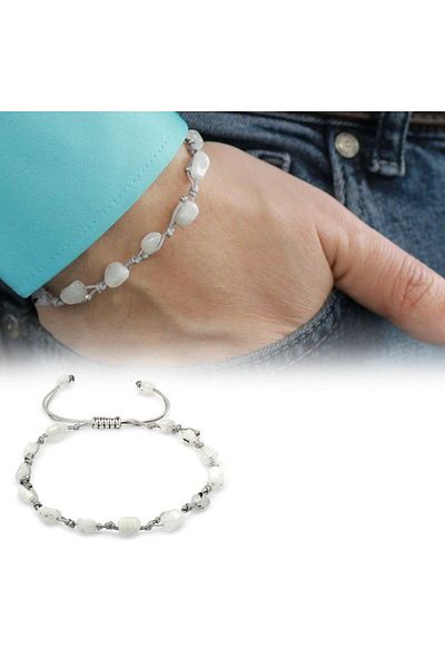 Tesbihane Macrame Braided Natural Cut Dorica Ball Detailed Moon Stone Natural Stone Men's Bracelet
