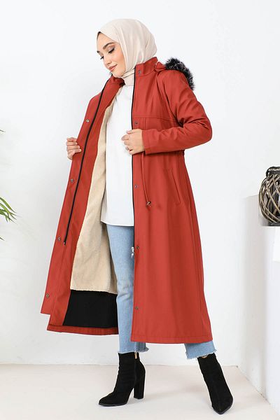 İmajButik Tile Hooded Fur Lined Bondik Coat