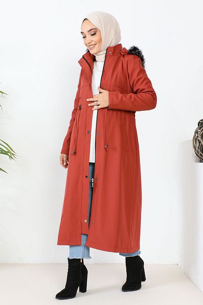 İmajButik Tile Hooded Fur Lined Bondik Coat
