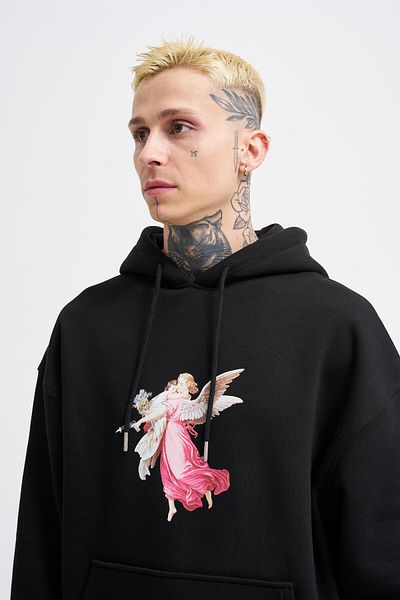 Machinist Men's Hero Angel Printed Oversize Black Sweatshirt