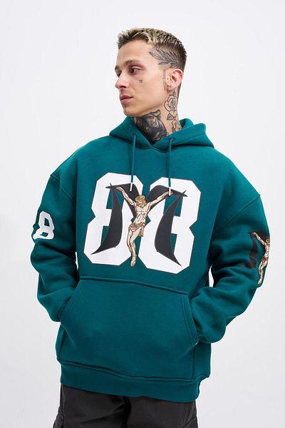 Machinist Hanorac 88 Jesus imprimat oversize verde petrol pentru bărbați