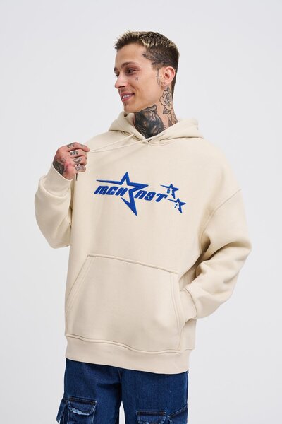 Machinist Ανδρικό φούτερ με κεντημένο στάρες με κουκούλα oversized ανοιχτό μπεζ