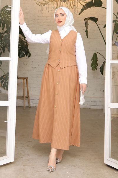 İmajButik Μπισκότο ριγέ Crop Γιλέκο Φούστα Τριπλό Σετ