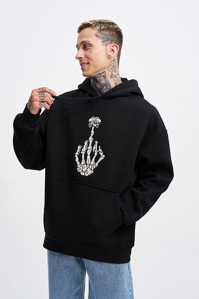 Machinist Men's Middle Finger Printed Hooded Oversize Black Sweatshirt