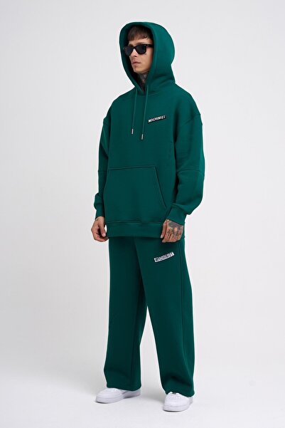 Machinist Erkek Nakışlı Kanguru Cepli Oversize Petrol Yeşili Sweatshirt
