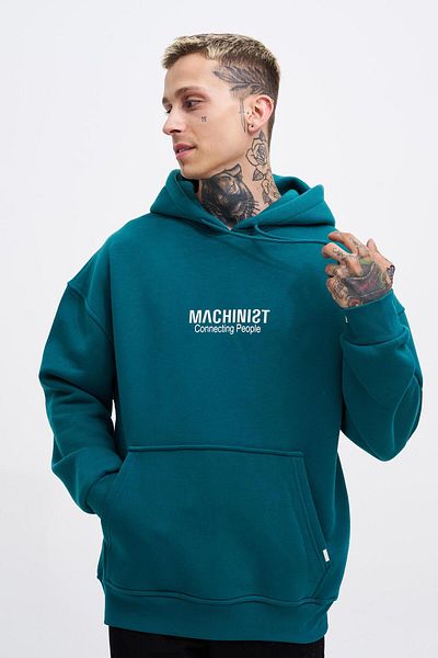 Machinist Hanorac verde petrol cu ​​glugă cu imprimeu Connecting People pentru bărbați