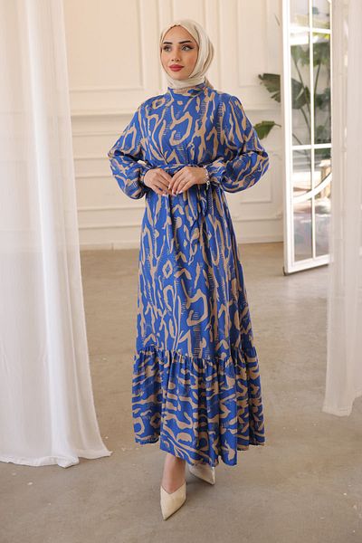 İmajButik Mink Skirt Folded Sleeve Elastic Patterned Viscon Dress