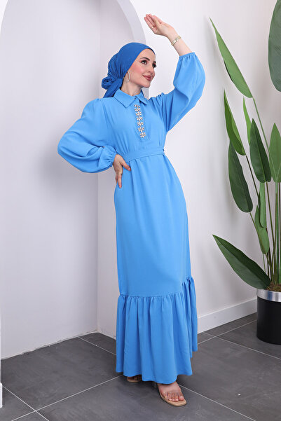İmajButik Mavi Yaka Taşlı Eteği Katlı Elbise